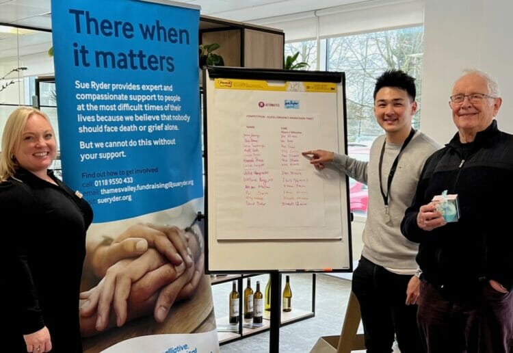 Jenn Patient, Senior Community Fundraiser at Sue Ryder Duchess of Kent Hospice, with Jordon Baker and Tony Laithwaite