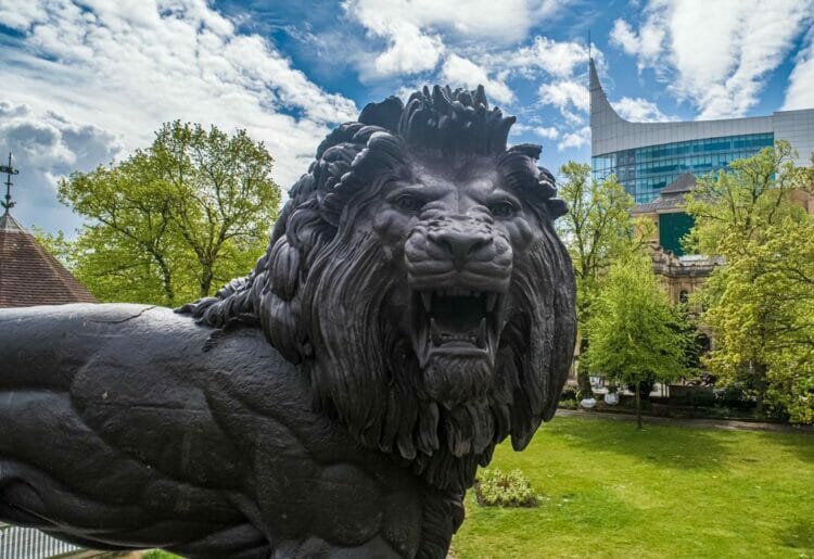 The Maiwand Lion is currently being given a wash and brush-up Picture: Reading Borough Council