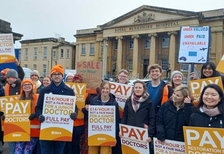 Junior doctors and supporters taking part in industrial action outside the Royal berkshire Hospital on Wednesday, March 15. Picture: Jake Clothier