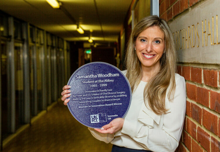 Samantha Woodham, co-founder of The Divorce Surgery, after the unveiling of her Purple Plaque following a presentation at her former school, The Abbey School, Reading having been awarded the Women In Innovation 2021 award as part of the Women In Innovation Programme.