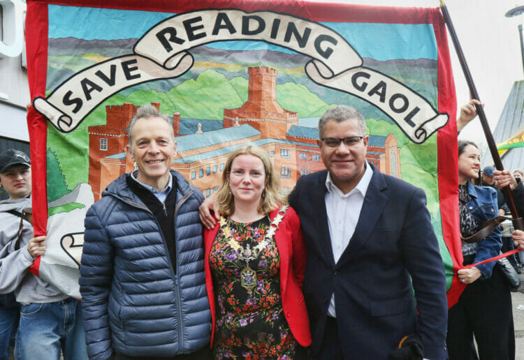 Reading Today; 25th March 2023; March Rally to Save the Reading Gaol; Matt Rodd, Mayor Rachel Eden and Alok Sharma