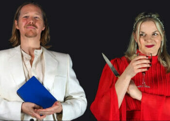 Lars, smiling and with shoulder-length hair, stands in a white suit with his book, while Paige sips from a glass of red whine while wearing a red dress and holding a knife.