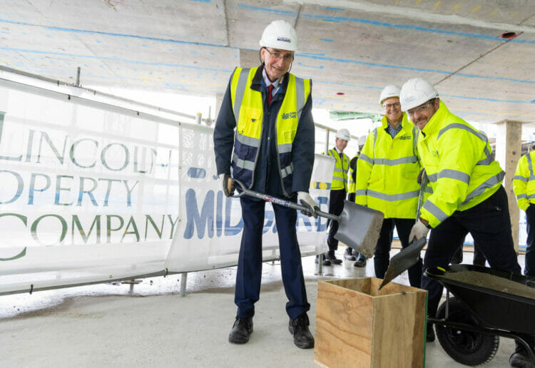 The Station Hill team celebrated the "topping out" of the construction, meaning it has reached its full height. Picture: Courtesy of Lincoln Property Company and Redwood Consulting