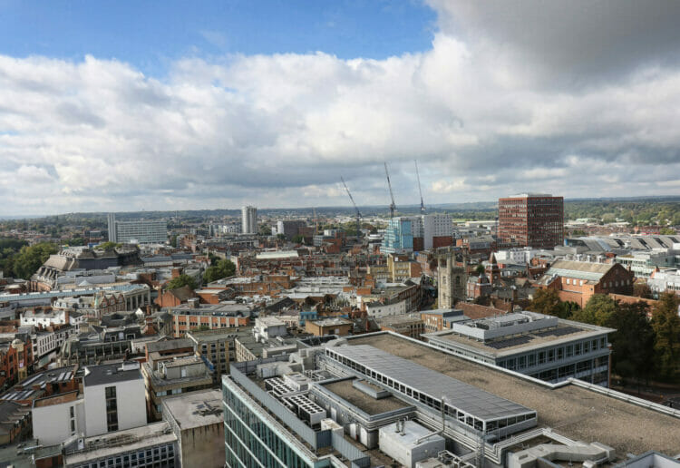 View from The Blade building in Reading, Berkshire; Photo by Dijana Capan; DVision Images; View West central and towards the train station