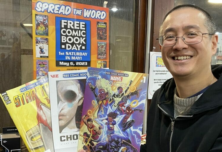 Brian Wong from Crunch Comics ahead of this year's Free Comic Book Day. The store is giving away free comics from a selection of 25 different titles Picture: Phil Creighton