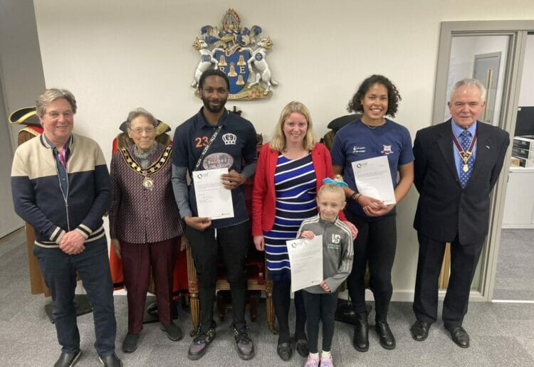 Councillor Paul Gittings (Reading Sports Fund Trustee), Fiona Vince (Reading Oddfellows District Chairman), Asinia Byfield, Mayor Rachel Eden, Esmae Elmore, Sophie Gray, and Russell Vince.Picture: Reading Borough Council/Oddfellows