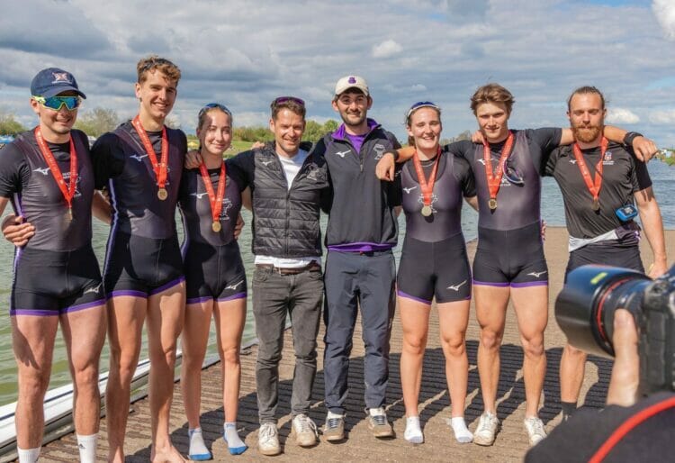 Left to right: Josh Lyon, Jacob Parrington, Ellie Cook, Chris Bartley, Simon Williamson, Finnola Straton, Sol Hewitt and Lewis Powell, at the BUCS Championships. Picture: University of Reading