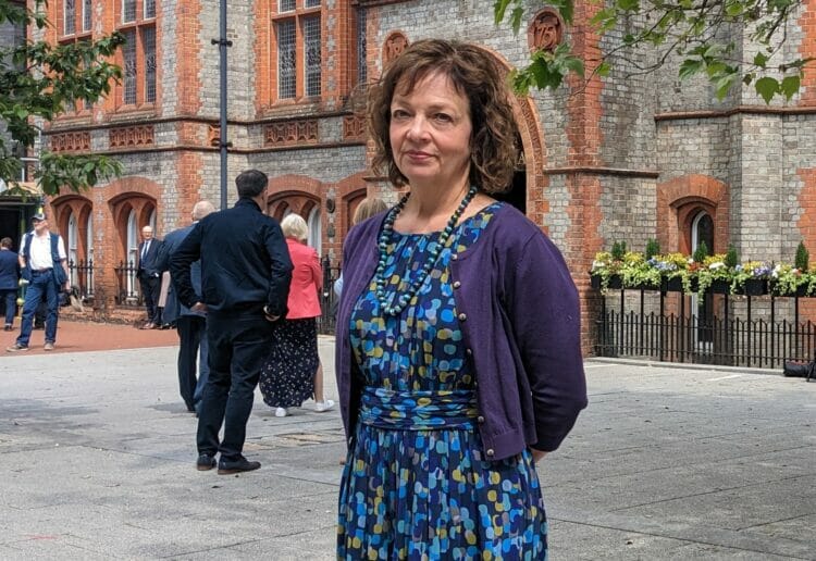 Prof Julia Waters attending the memorial for Ruth Perry at Reading Town Hall on Saturday, May 20.