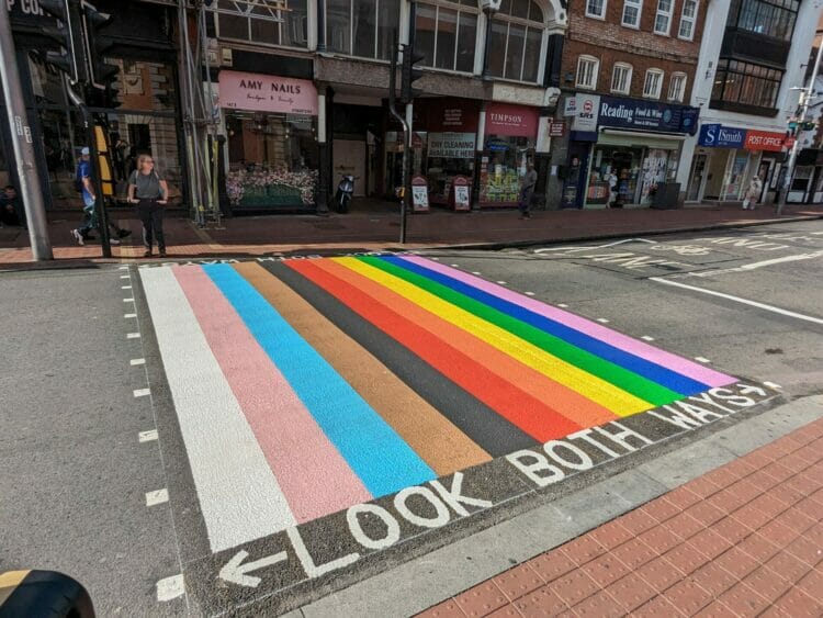 The new crossing features the white, pink, and blue stripes of the transgender flag, the brown stripe, which represents marginalised people of colour, and the black flag representing those affected by HIV and AIDS