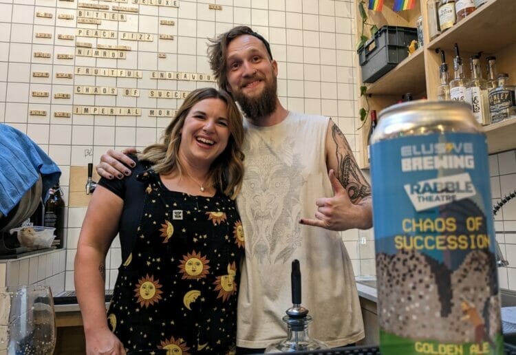 Elusive Brewing's managing director, Ruth Mitchell, with Kane Preston from The Grumpy Goat at the launch party on Friday, June 9. Picture: Jake Clothier