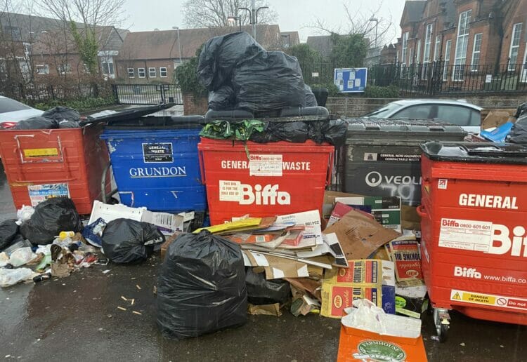 Cllr Rob White and Reading Green party campaigner Sarah Magon with the piles of rubbish and overflowing bins on Wokingham Road Pictures: Phil Creighton