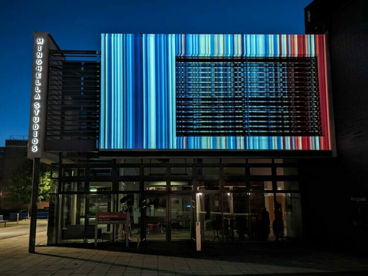 The Minghella Studios on the Whiteknights campus featured the climate stripes. Picture: University of Reading