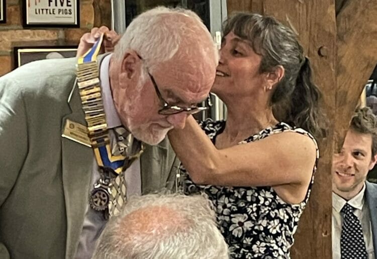 Brian Davies is welcomed into the role of president of Pangbourne Rotary by his predecessor, Saerah Hopley