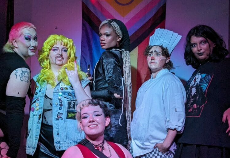 From left, host Sheer Obsession, Francis LightningHeart, Tony Baloney, Londyn, Percy Non Grata, and Jinn Alhijra, following their performance at The Rising Sun Arts Centre. Picture: Jake Clothier