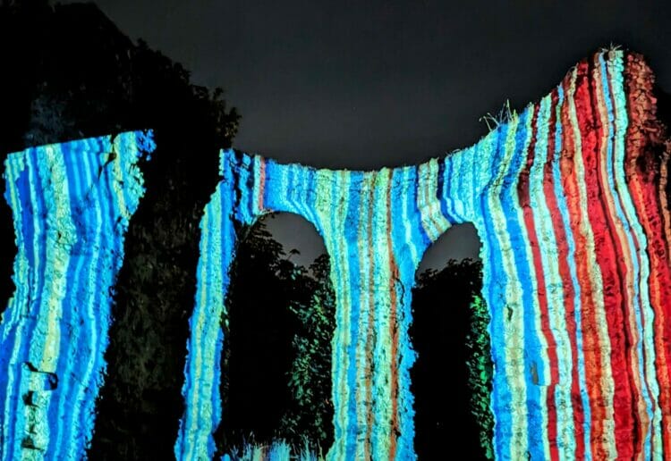 The Abbey Ruins were illuminated with the university's climate stripes. Picture: University of Reading