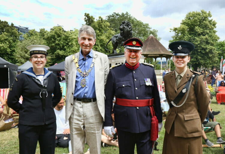 Reading Today 24th June 2023; PO Cadet Sloan Maidenhead Sea Cadets; Mayor Tony Page, Deputy Lieutenant Richard Anderson and Cadeet Serjeant Marshall Rifles Cadet;