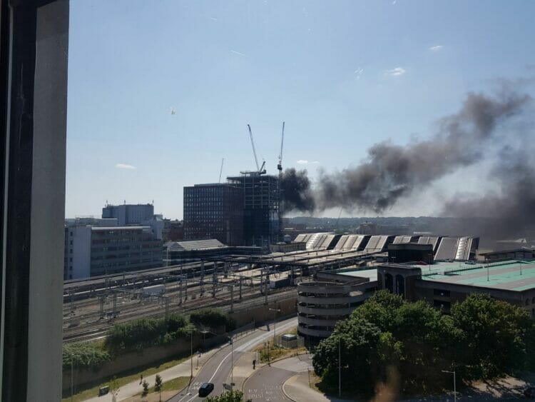 Smoke seen rising behind the Biscuit Factory development in Central Reading.