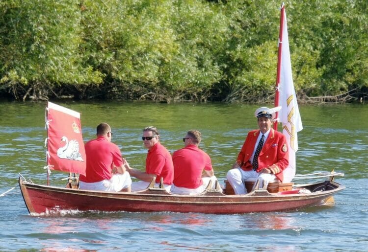 David Barber (with a feather in his cap) heads up the Swan Uppers at Thames Valley Park Picture: Andrew Batt