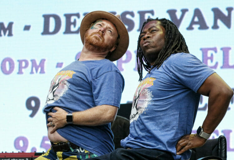 Keith Lemon and Ade Olayiwola posing in Flackstock T-Shirts. Picture: Dijana Capan/Dvision Images