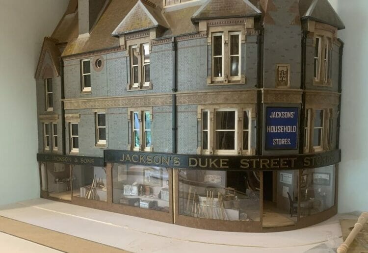 Jacksons Household Stores model on Duke Street Corner, being built by Richard Ellis of Monks Gate Models