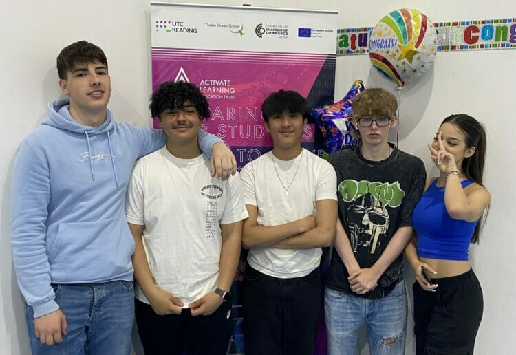 Oisin Byrne, Faris Kadeb, Sean Cubilla, Josh Catlin and Paola Baena celebrating his GCSE results