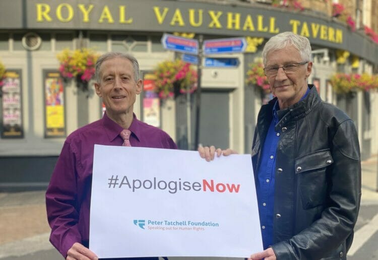 Peter Tatchell (left) with TV star, the late Paul O'Grady, at the launch of the #ApologiseNow campaign Picture: Peter Tatchell Foundation