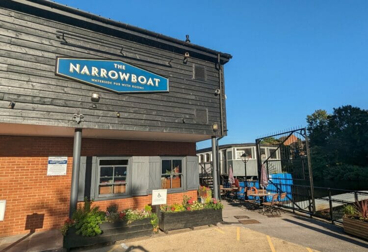 The Narrowboat on the banks of the River Kennet, next to Blake's Lock.