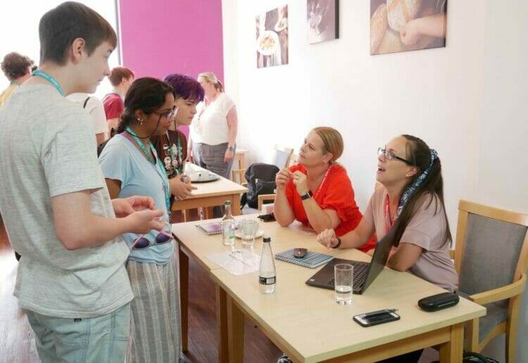 Anna and Helen from Heckfield Place chat to students from Reading College and University.