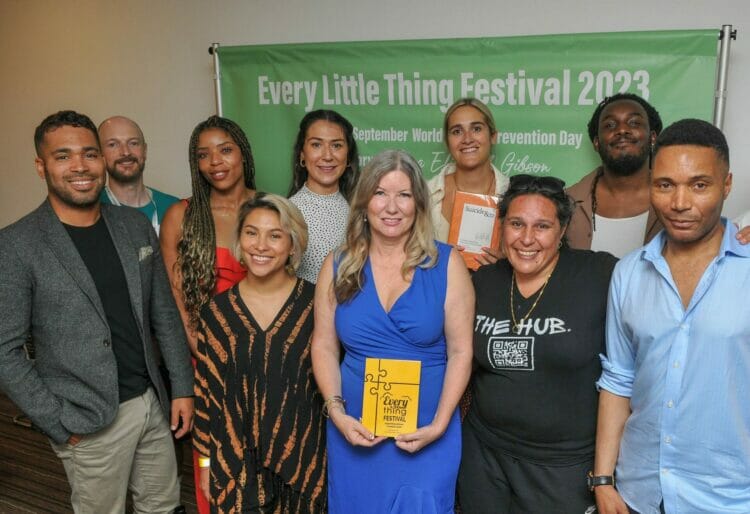 Organiser Sinead Gibson, front and centre, with speakers, including Danyl Johnson and rapper Shocka. Picture: Steve Smyth