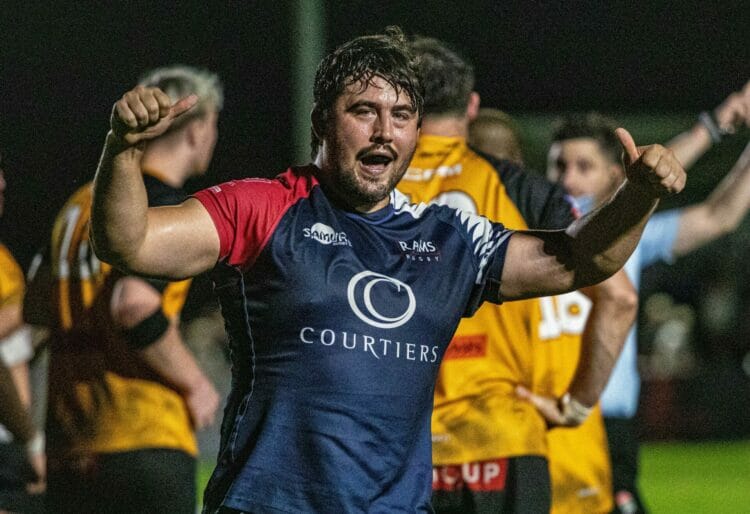 James Baker celebrates after Rams score a penalty try