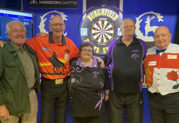 Bob Anderson (second from left) at Burghfield Community Sports Association on Saturday. He is with (from left) Dave Ormrod from Newbury Cancer Care, Kazz Langford, organiser Peter Bush and scorer John Fowler Picture: Phil Creighton