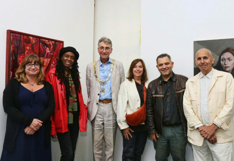 From left, artist and exhibition curator Caroline Streatfield, Mary Genis, Cllr Tony Page, Nicole Price, Nelson Diplexcito, and Howard Rogers. Picture: Dijana Capan/DVision