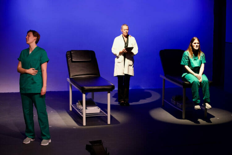 From left: Katie Moreton as Tristan, Emma Sterry as Dr James, and Stephanie Clarke as Connie in Lucy Prebble's The Effect, running until Saturday, September 8. Picture: Courtesy of Progress Theatre