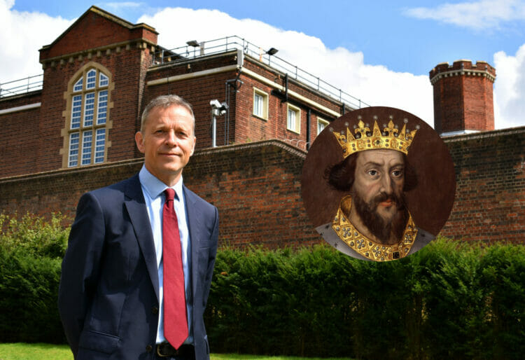 Matt Rodda MP has met with historian Philippa Langley regarding the possible burial site of King Henry I (inset). Pictures: Office of Matt Rodda, and inset from the National Protrait Gallery via Wikimedia Commons