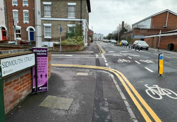 The cycle lane in Sidmouth Street, Reading. Barriers prevent cars from using the lane. Picture: Local Democracy Reporting Service