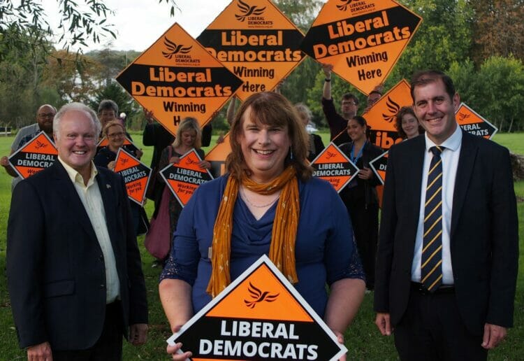 Helen Belcher (centre) with fellow Lib Dem candidates Clive Jones and Lee Dillon