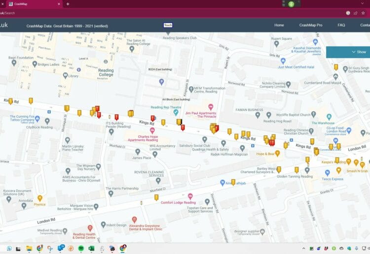 The Crash Map view of Kings Road highlight the many accidents have the occured on the road in recent years