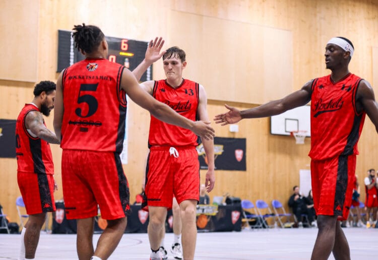 Reis Pinnock of Reading Rockets, Finleigh Porter of Reading Rockets and Zack Powell of Reading Rockets. Thames Valley Cavaliers VS Reading Rockets in NBL action.