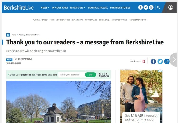 Online news source Berkshire Live is to close on Thursday, November 30
