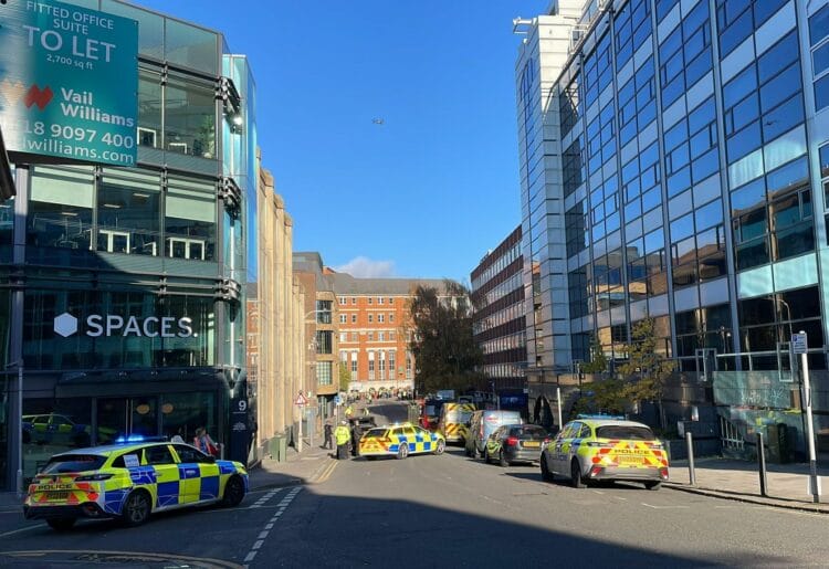 Greyfriars Road cordoned off by police to allow rescue operations to take place during the Station Hill development fire in Reading on Thursday, November 23. Credit: James Aldridge, Local Democracy Reporting Service.