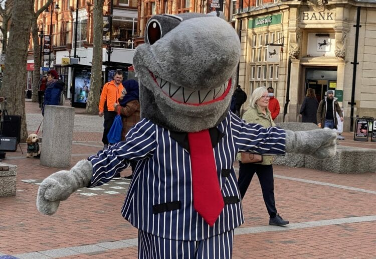 Sid The Shark in Reading town centre, raising awareness of a Stop Loan Sharks helpline Picture: Phil Creighton