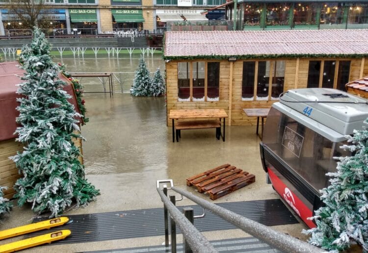 Flooding at the pop up area at The Oracle Riverside in Reading town centre. Credit: James Aldridge, Local Democracy Reporting Service.