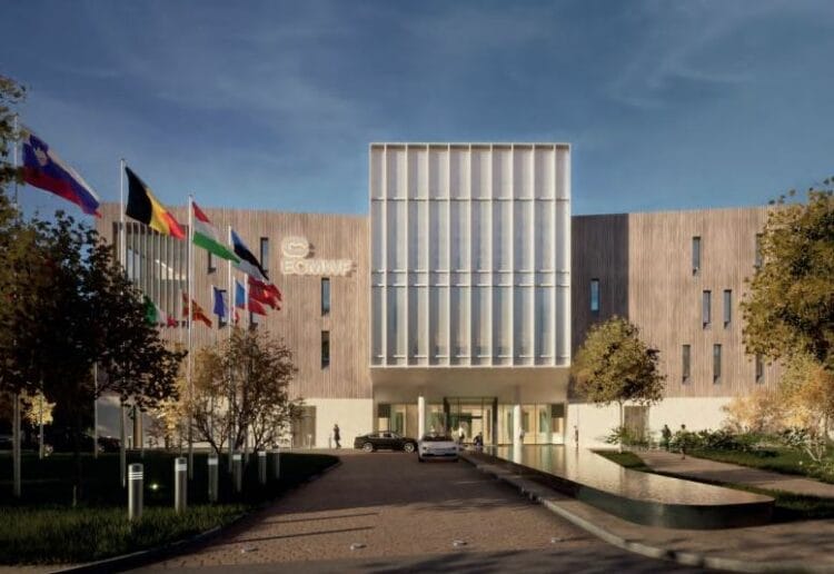 A CGI of the proposed new ECMWF headquarters at the University of Reading Whiteknights Campus in Earley.. Credit: BDP.