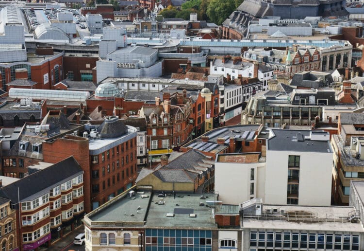 View from The Blade building in Reading, Berkshire; Photo by Dijana Capan; DVision Images; View of rooftops down Kings Road heading towards Broad Street, Reading