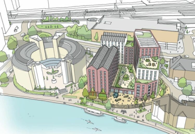 A sketch of the plan for 260 apartments at Norman Place on the south bank of the River Thames in Reading, appearing to show a proposed development of six blocks. Credit: Assael