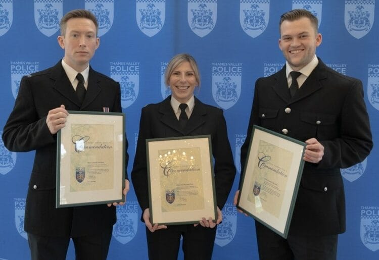 PCs Tom Blount, Sarah Clark and Oliver Smith with their awards