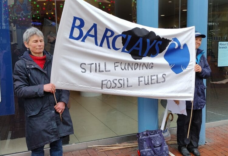 Activists cited figures which say that the bank is the seventh biggest funder of fossil fuel initiatives in the world, and the largest in Europe. Picture: Extinction Rebellion