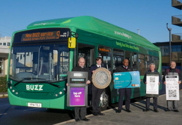 Ready to buzz: From left: Robert Williams (Reading Buses Chief Executive Officer), Richard Windley (Reading Buses), Godfrey Mawoyo (Reading Buses Operations Director), Councillor John Ennis (Lead Councillor for Climate Strategy and Transport Reading Borough Council), Stephen Wise (Reading Borough Council) Picture: Reading Buses