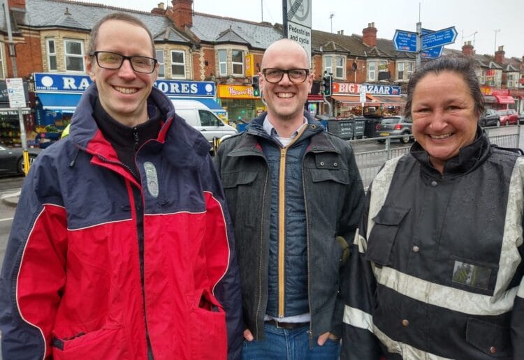 Rob White, the leader of the Green group with Josh Williams and Sarah Magon. Councillor Williams and Sarah Magon are both Green candidates for the Park ward on Reading Borough Council. Credit: Reading Green Party