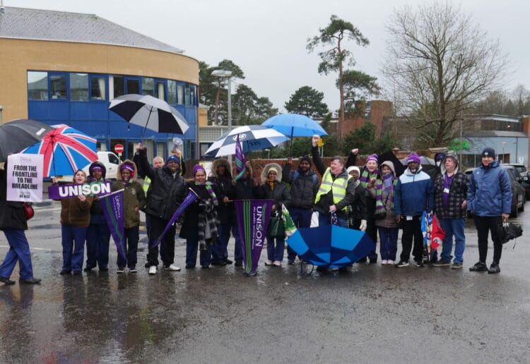 Healthcare contractors on strike calling on their company to pay a one-off payment already received by NHS staff at Prospect Park Hospital. Credit: Amandeep Singh